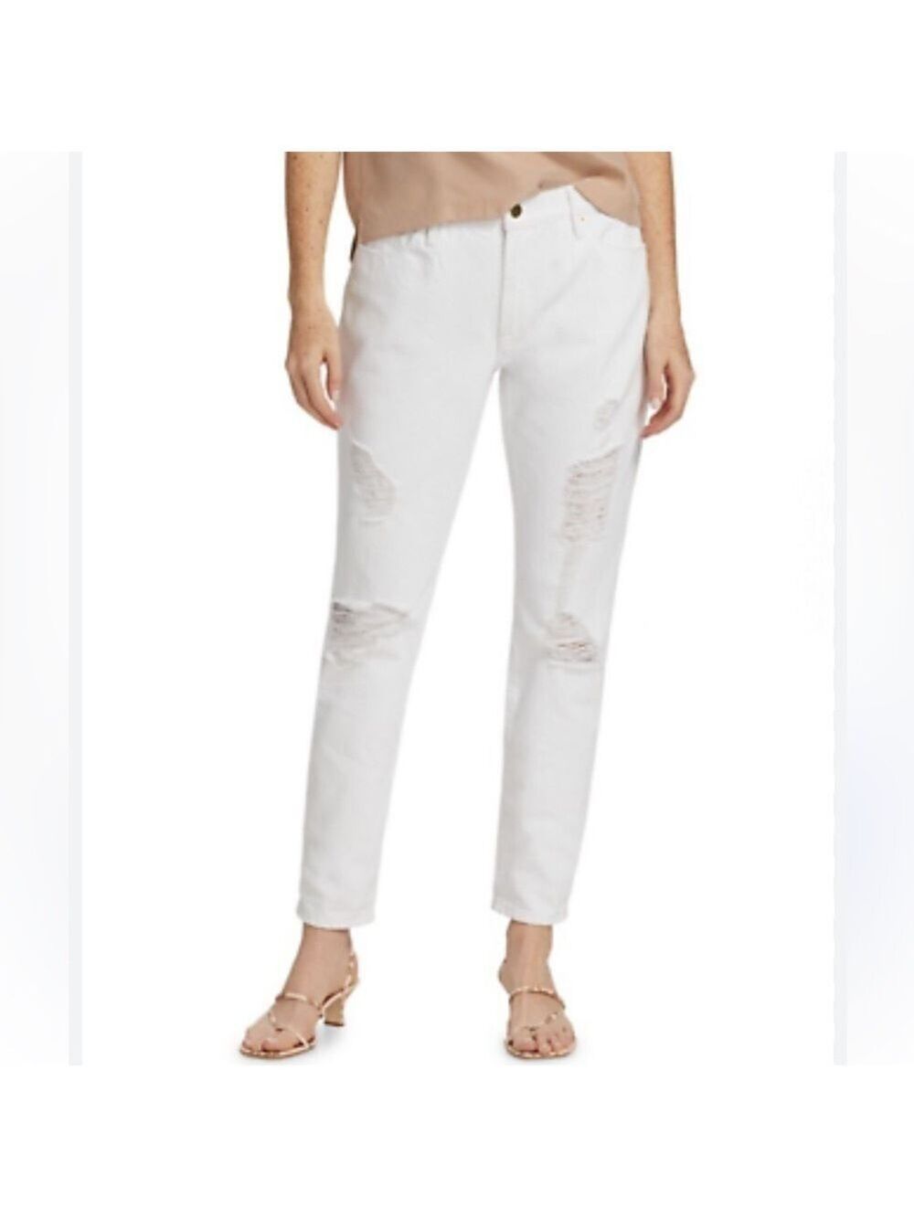 FRAME Le Garçon White Straight Leg Distressed Rolled Cuff Boyfriend Jeans Sz 31
